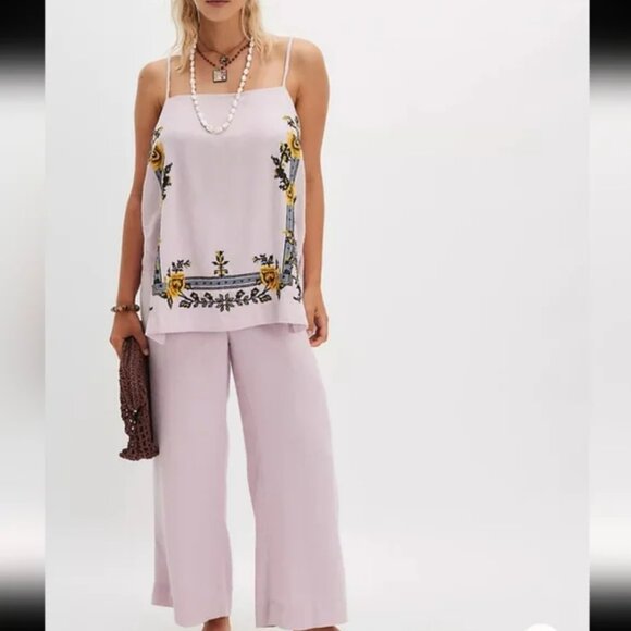 Free People NWT Ivory Embroidered Set Wide Leg Linen Blend Pants & Top - Picture 2 of 11